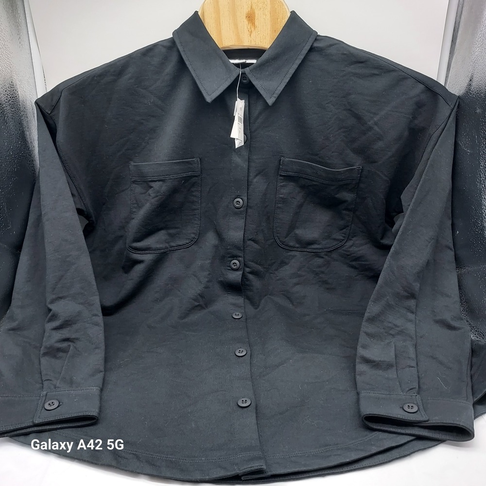 J. Jill Fit Black Button Down Shirt Long Sleeve Jersey Knit Pocket Top 300971